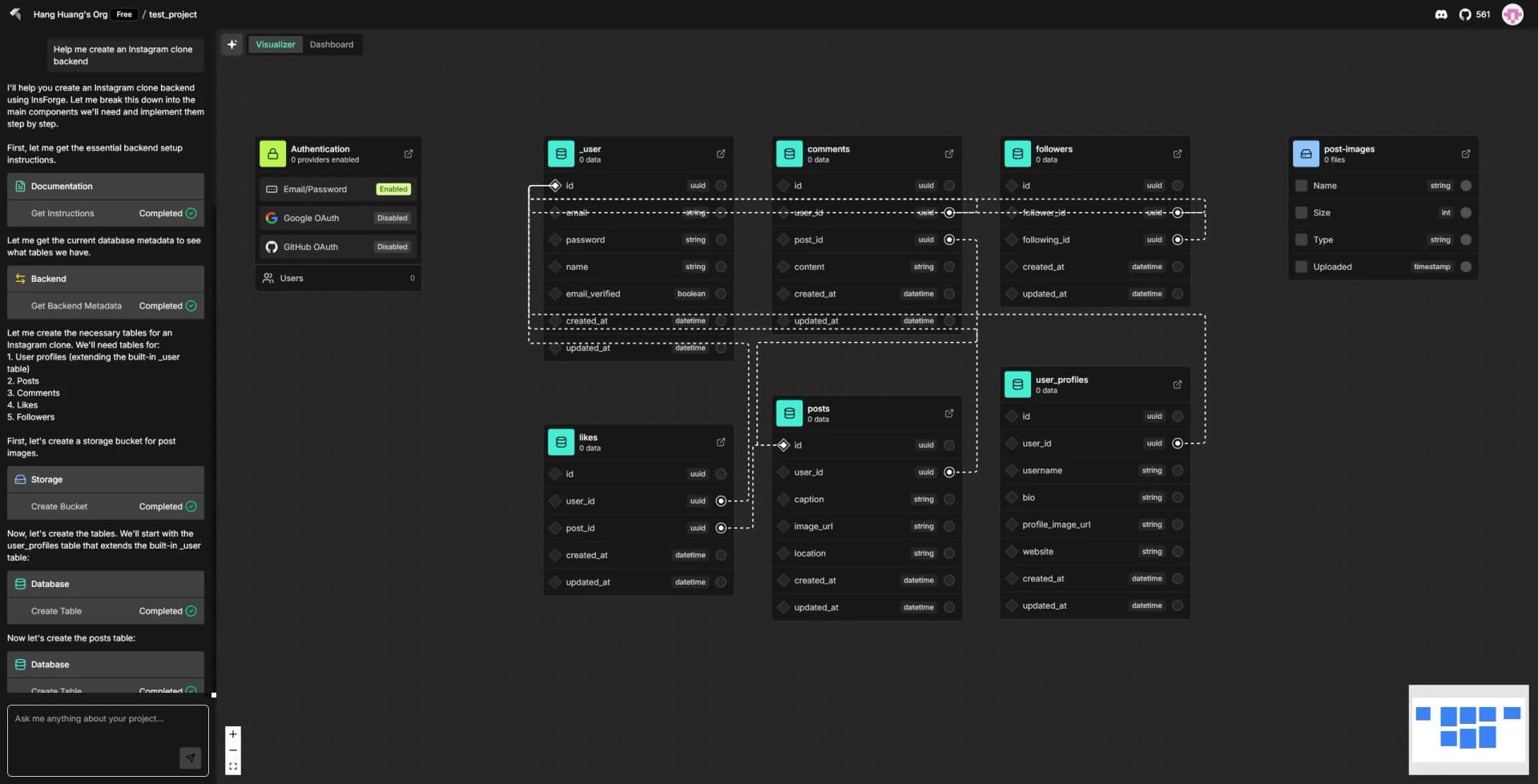 InsForge Dashboard User Interface