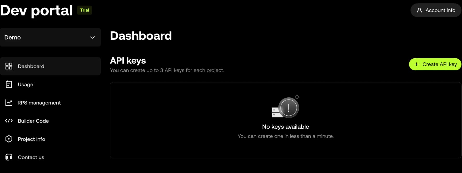 OKX Onchain OS Dev Portal — empty API keys state